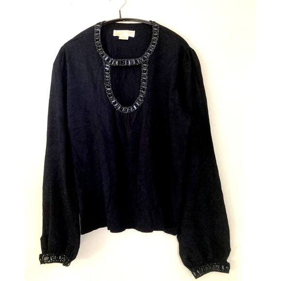 Michael Kors Black Knit Beaded Sequin Cut-Out Neck Long Sleeve Sweater Size L - Picture 1 of 5